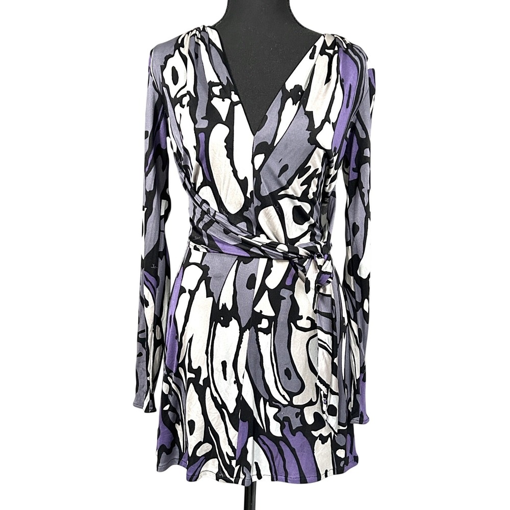 ISSA London 100% Silk Wrap Dress  Purple Gray Long Sleeve Designer Mini UK10 US6